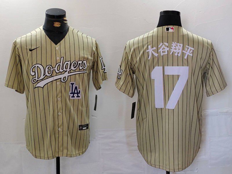 Men Los Angeles Dodgers 17 Ohtani Green Stripe Fashion Nike Game MLB Jersey style 7061